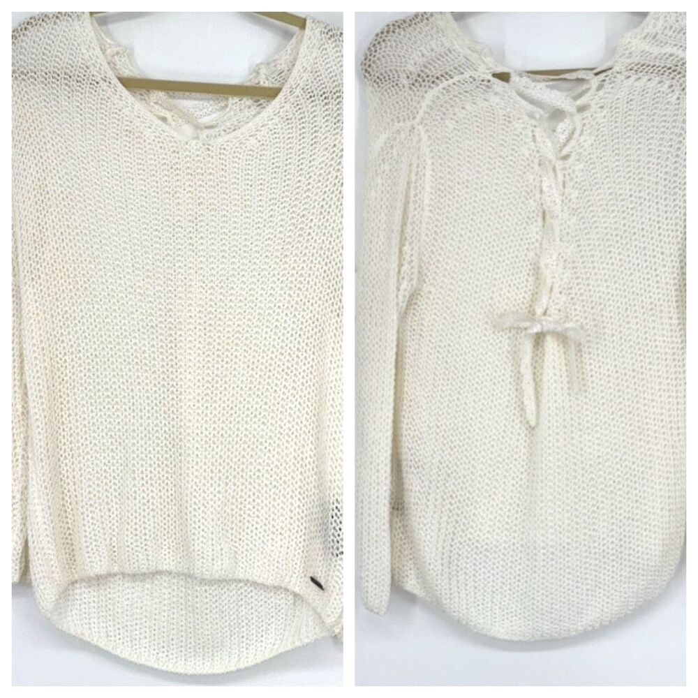 New Together Apparel Crocheted Open Weave Lace-Up Back V-Neck‎ Sweater Cream S/M